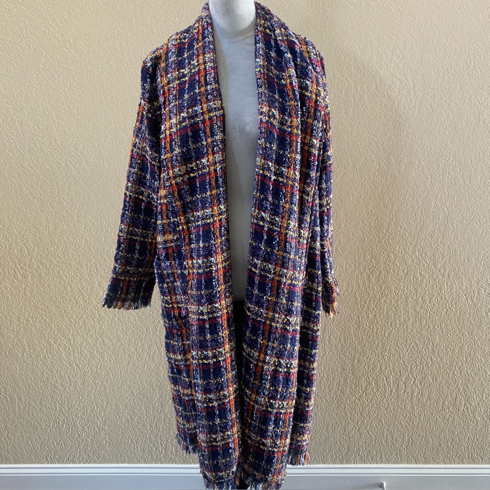 Aratta Long Plaid Duster Jacket – Blue Orange Fringe – Oversized / One Size NEW